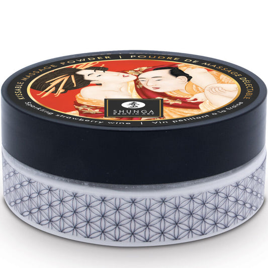 Pó de Massagem Comestível SHUNGA Morango com pincel de penas para massagem sensual.