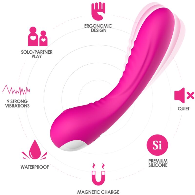 Close-up of the ARMONY Vibrador Legend Silicone Fúcsia, highlighting its curved design and smooth texture.