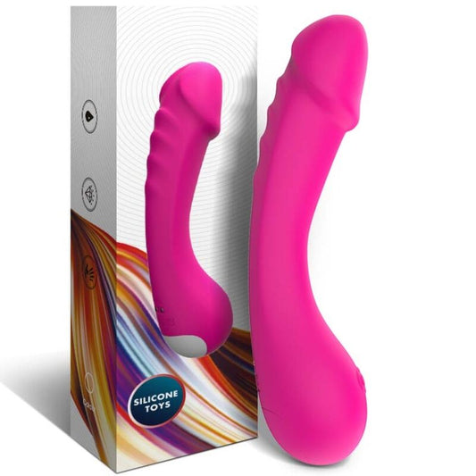Close-up of the ARMONY Vibrador Dildo Ponto G Silicone Fúcsia, highlighting its curved design and smooth texture.