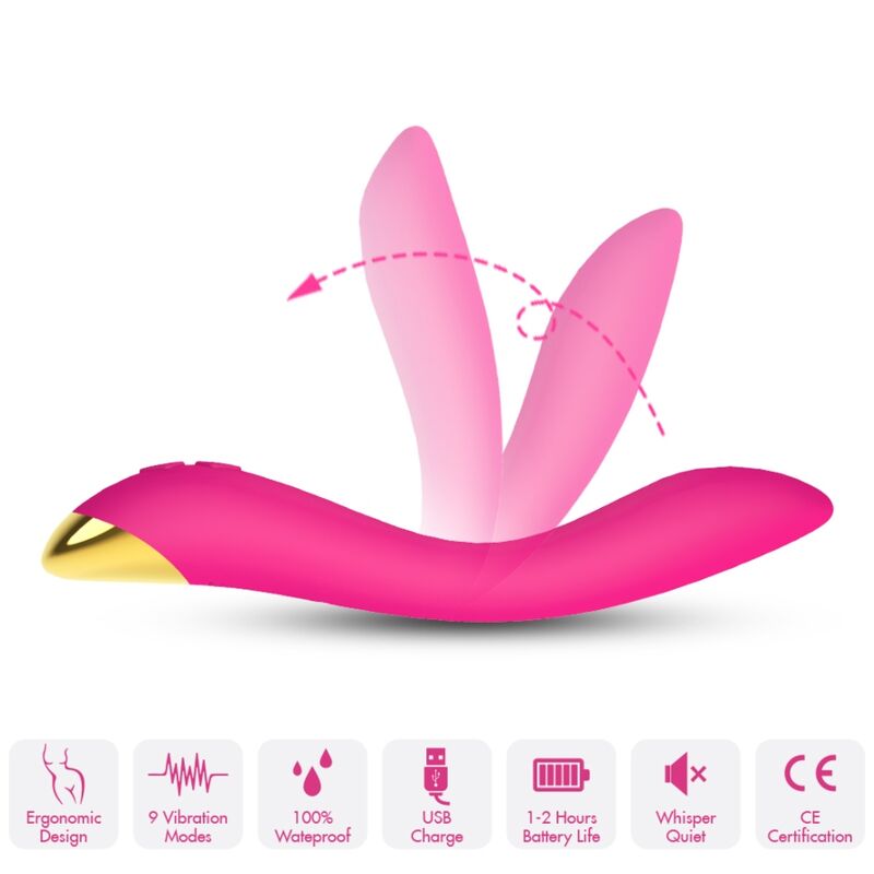 Close-up do ARMONY Vibrador Flamingo Multimodo Recarregável Fúcsia, mostrando seu design curvo e material de silicone.