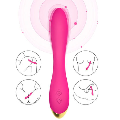 Close-up do ARMONY Vibrador Flamingo Multimodo Recarregável Fúcsia, mostrando seu design curvo e material de silicone.