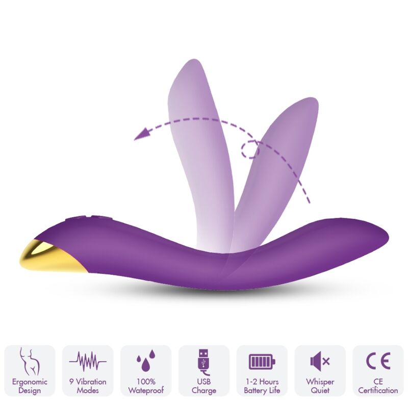 Close-up do ARMONY Vibrador Multiposição Flamingo Roxo mostrando seu design ergonómico, textura de silicone e curva de estimulação do ponto G.