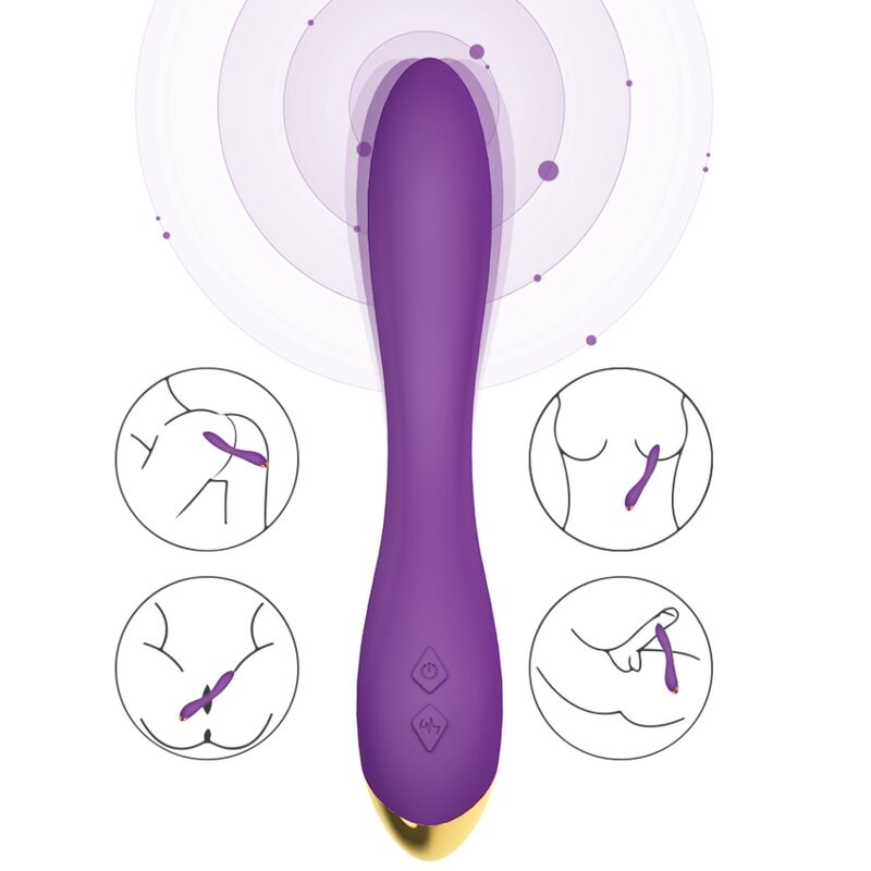 Close-up do ARMONY Vibrador Multiposição Flamingo Roxo mostrando seu design ergonómico, textura de silicone e curva de estimulação do ponto G.