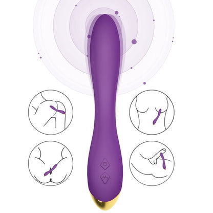Close-up do ARMONY Vibrador Multiposição Flamingo Roxo mostrando seu design ergonómico, textura de silicone e curva de estimulação do ponto G.
