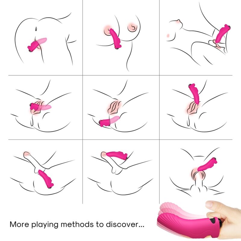 Close-up do Vibrador de Dedo ARMONY Aurora Fúcsia, mostrando seu design ergonómico em silicone suave e a entrada USB.