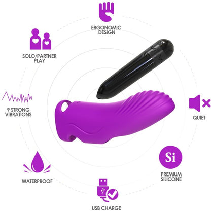 Close-up do Vibrador de Dedo ARMONY Aurora Fúcsia, mostrando seu design ergonómico em silicone suave e a entrada USB.