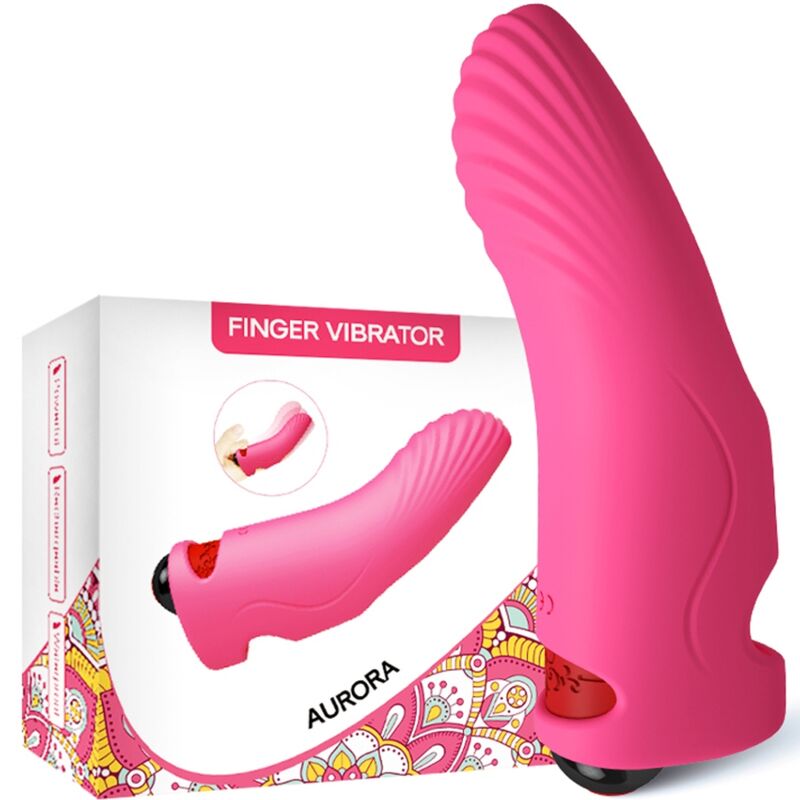 Close-up do Vibrador de Dedo ARMONY Aurora Fúcsia, mostrando seu design ergonómico em silicone suave e a entrada USB.