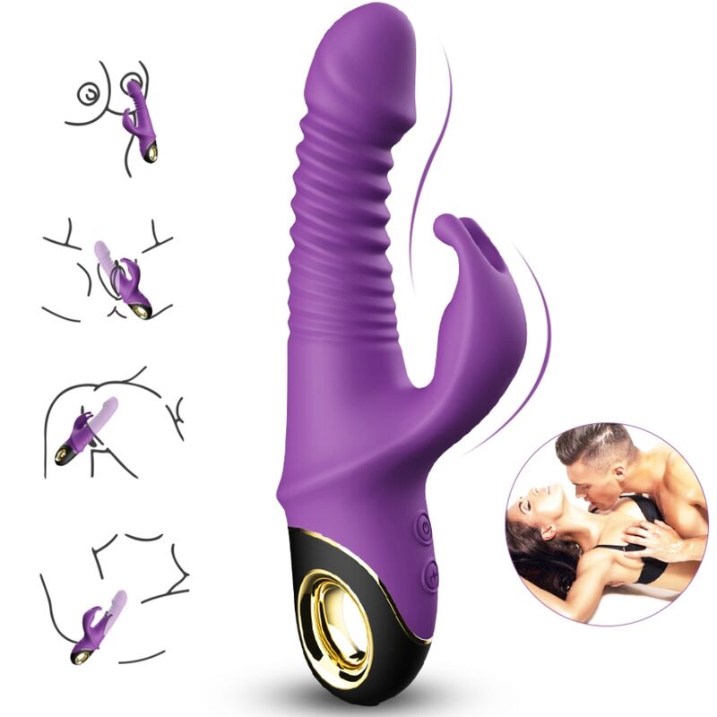 Vibrador Dildo Coelho ARMONY roxo em silicone médico com estimulador clitoriano e design ergonómico.