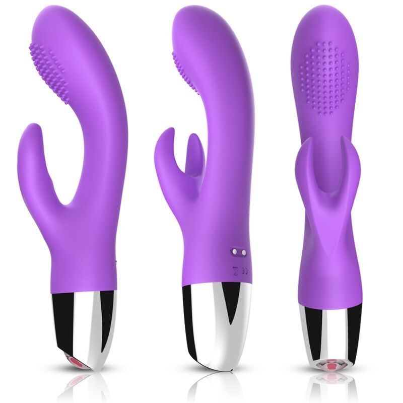 Close-up of the ARMONY Vibrador Coelho Roxo Dupla Estimulação, showcasing its ergonomic design and purple silicone finish.