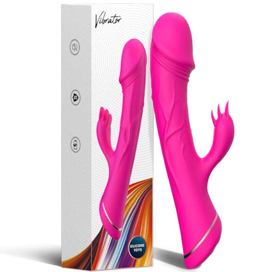 Close-up of the ARMONY Dildo Vibrador Coelho Silicone Fúcsia, highlighting its curved design and clitoral stimulator.