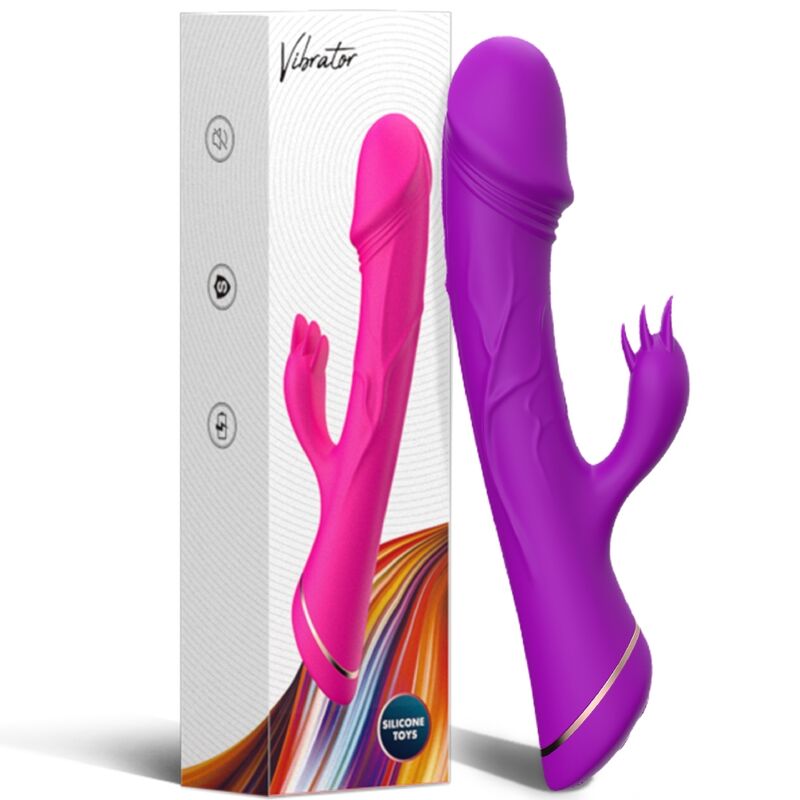 Vibrador Coelho ARMONY em silicone roxo, mostrando seu design ergonómico e detalhe do estimulador clitoriano.
