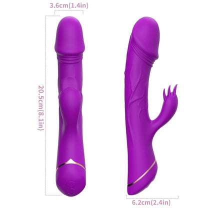 Vibrador Coelho ARMONY em silicone roxo, mostrando seu design ergonómico e detalhe do estimulador clitoriano.
