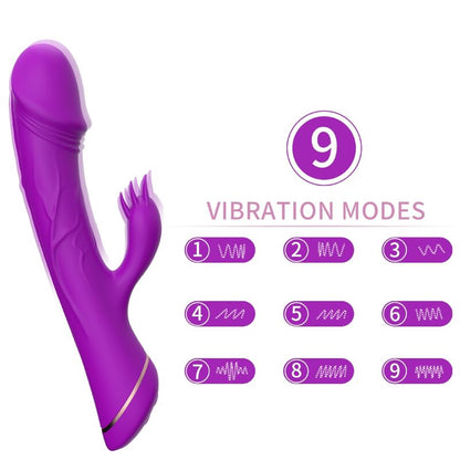 Vibrador Coelho ARMONY em silicone roxo, mostrando seu design ergonómico e detalhe do estimulador clitoriano.