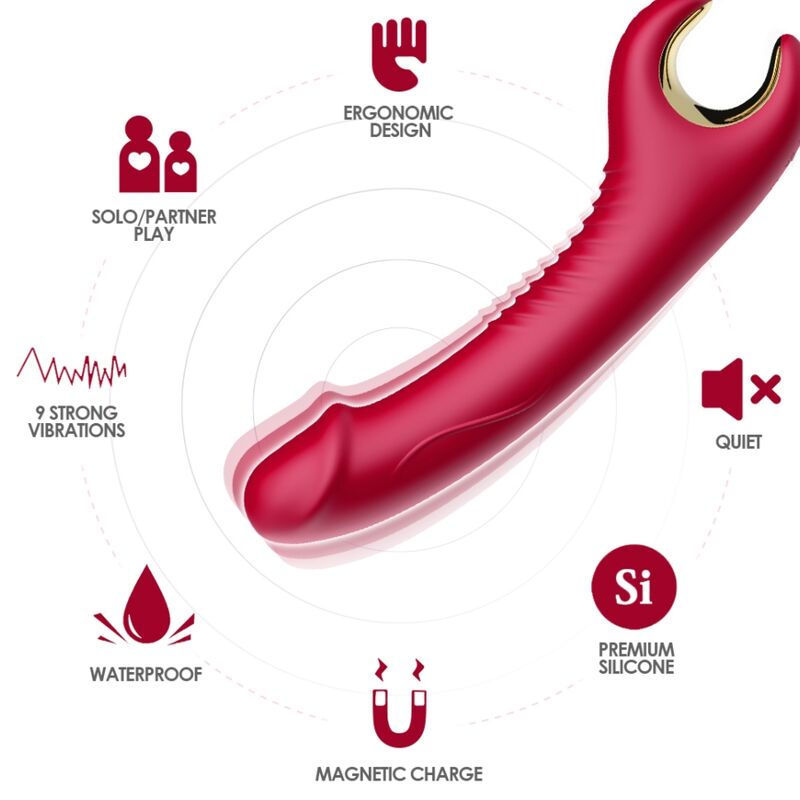 Close-up do ARMONY Prince Dildo Vibratório Rotativo Vermelho mostrando seu design, textura e características.