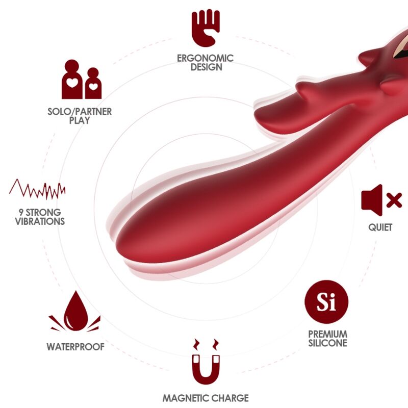 Vibrador Coelho ARMONY Curvado Vermelho em silicone macio, com estimulador clitoriano