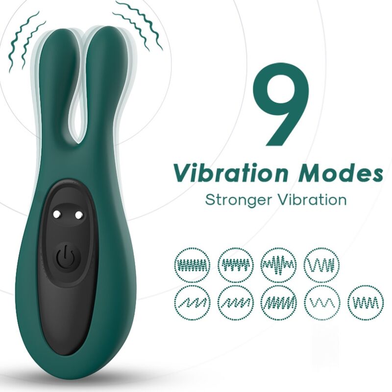 Vibrador Coelho ARMONY Destacável Verde mostrando o design ergonómico, estimulador clitoriano e material de silicone seguro.