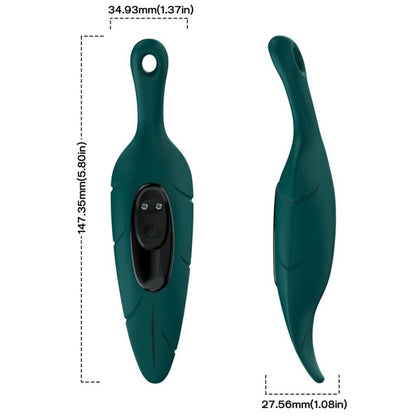 Close-up do ARMONY Vibrador Bala Folha Verde, destacando seu design único, cor vibrante e detalhes em silicone médico.