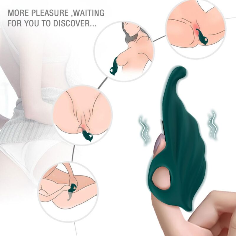 Close-up do ARMONY Estimulador de Dedo e Vibrador Bala Verde, destacando o design ergonómico e a bala removível.
