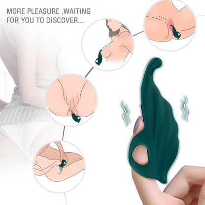 Close-up do ARMONY Estimulador de Dedo e Vibrador Bala Verde, destacando o design ergonómico e a bala removível.