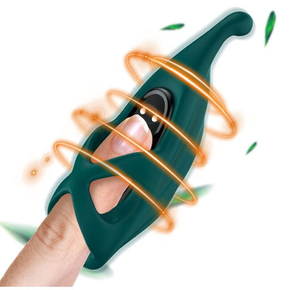 Close-up do ARMONY Estimulador de Dedo e Vibrador Bala Verde, destacando o design ergonómico e a bala removível.