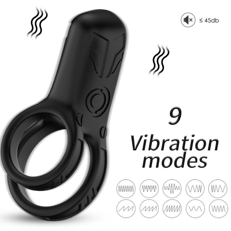 Vibrador de anel duplo ARMONY preto em silicone médico com 9 modos de vibração.