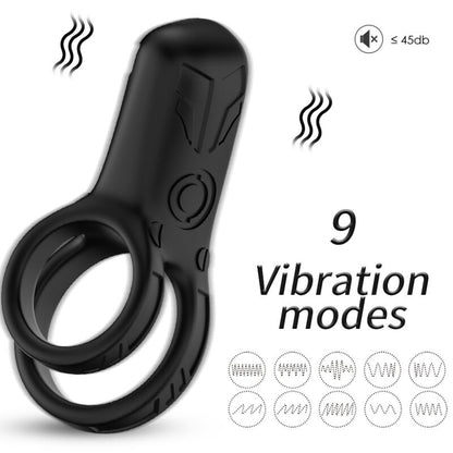 Vibrador de anel duplo ARMONY preto em silicone médico com 9 modos de vibração.