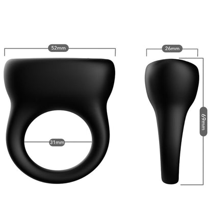 Close-up do anel vibrador ARMONY preto, destacando o design em Y e os detalhes em silicone.