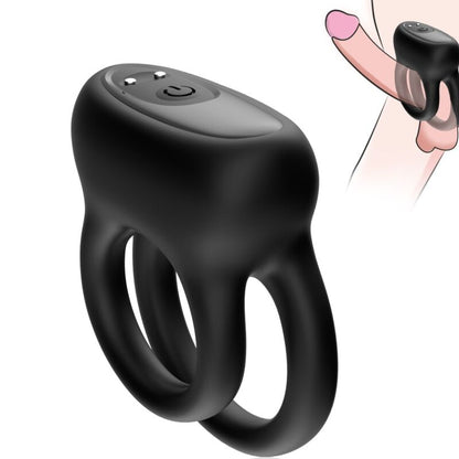 Close-up of the ARMONY Vibrador de Anel Duplo Preto com 9 Modos de Vibração, showing its sleek design and features.
