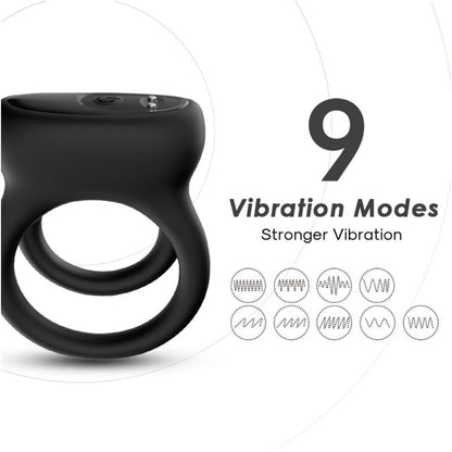 Close-up of the ARMONY Vibrador de Anel Duplo Preto com 9 Modos de Vibração, showing its sleek design and features.