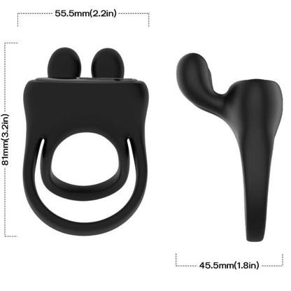 ARMONY Anel Vibrador para Casais com Estimulador Coelho Preto, mostrando design ergonómico e detalhe do estimulador.