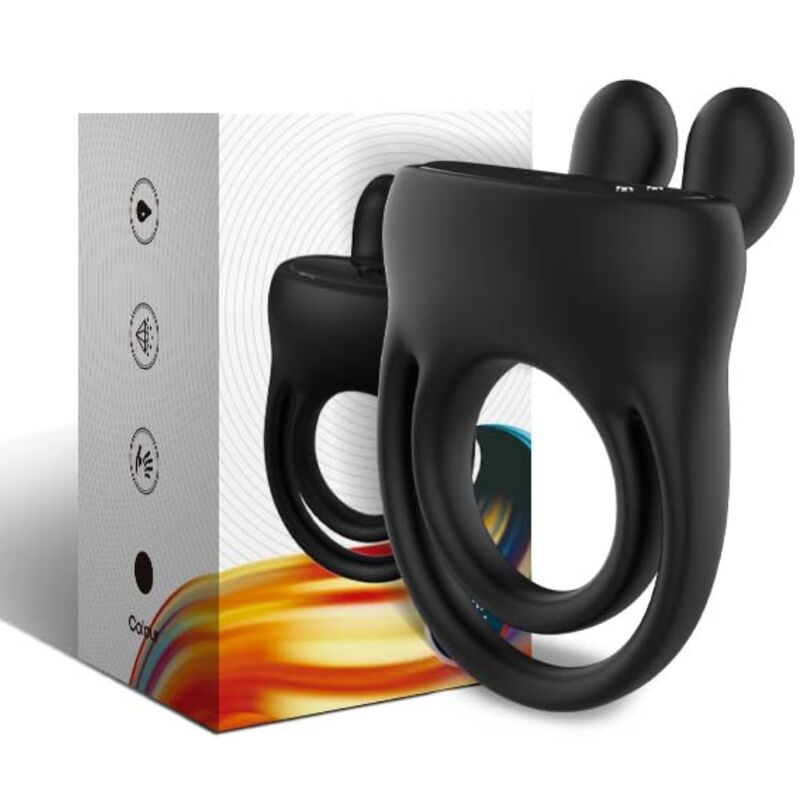 ARMONY Anel Vibrador para Casais com Estimulador Coelho Preto, mostrando design ergonómico e detalhe do estimulador.