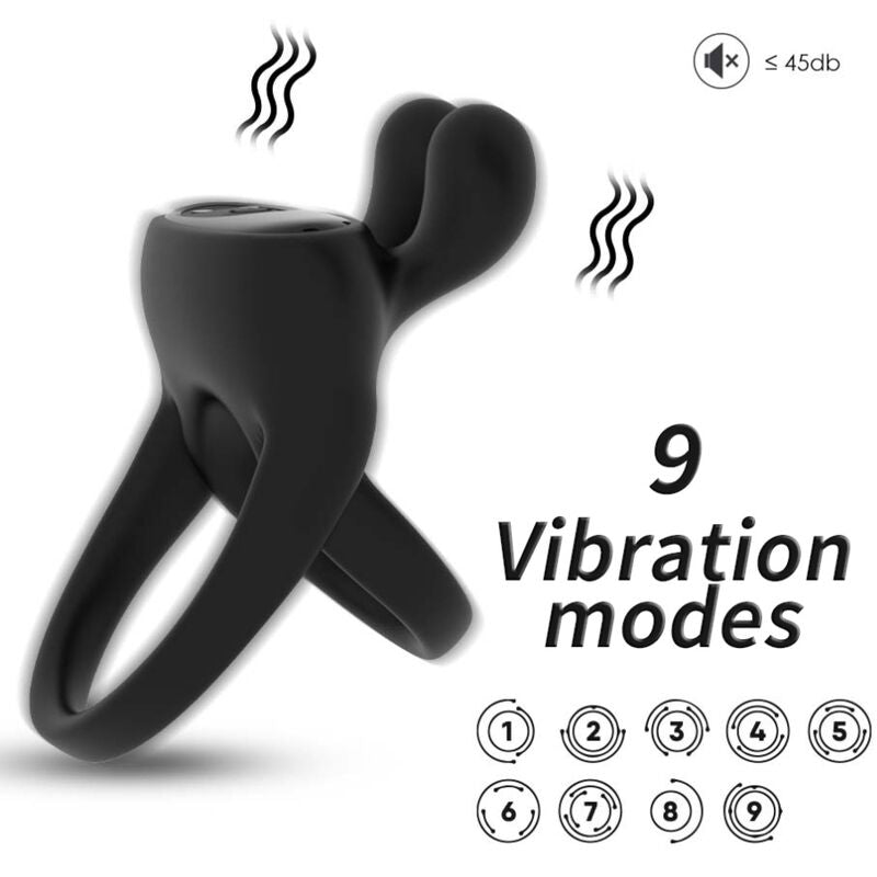 ARMONY Anel Vibrador para Casais com Estimulador Coelho Preto, mostrando design ergonómico e detalhe do estimulador.