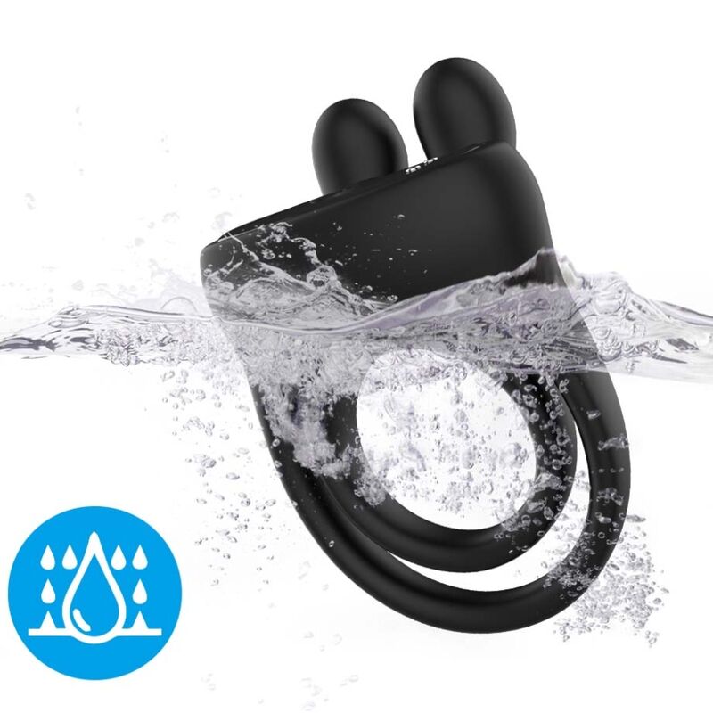 ARMONY Anel Vibrador para Casais com Estimulador Coelho Preto, mostrando design ergonómico e detalhe do estimulador.