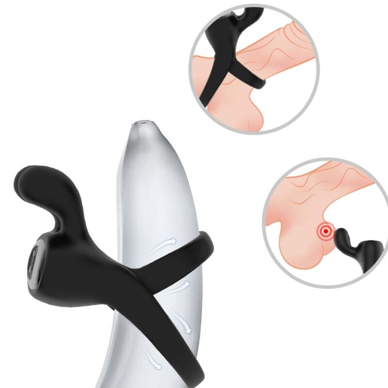 ARMONY Anel Vibrador para Casais com Estimulador Coelho Preto, mostrando design ergonómico e detalhe do estimulador.