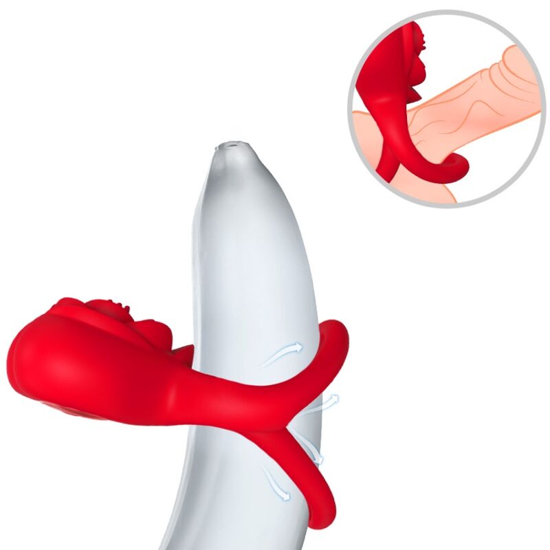 Close-up do ARMONY Anel Vibratório Coração Vermelho, mostrando seu design ergonômico e material de silicone.