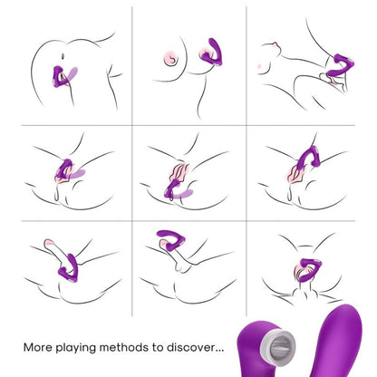 Close-up do ARMONY SecretKiss Vibrador Curvo e Estimulador Clitoriano de Sucção Roxo, destacando seu design ergonômico e material de silicone.