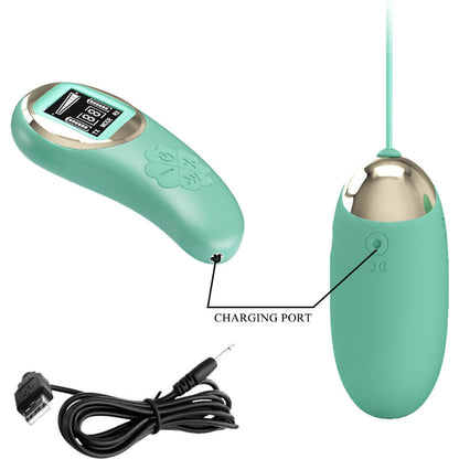 Close-up of the PRETTY LOVE Ovo Vibratório de Controle Remoto with its vibrant green color and sleek design, shown with its wireless remote control.