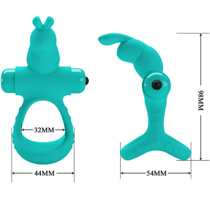 Anel Vibrador PRETTY LOVE Figgy Coelho Verde de silicone com estimulador clitoriano e 10 funções de vibração.