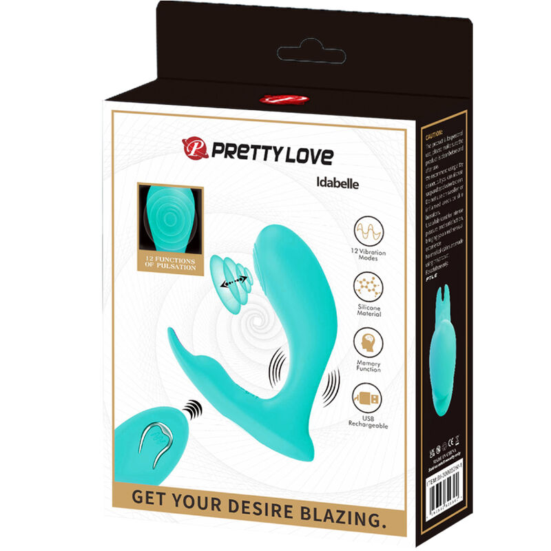 Vibrador G e Clitóris PRETTY LOVE Idabelle com Controle Remoto e Pulsação Azul, mostrando design ergonómico em silicone.