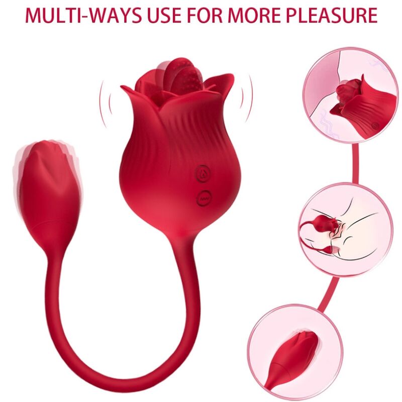 Close-up of the ARMONY Vibrador Aspirador Clitoriano Rosa com Cauda Vibratória, showing its rose shape and silicone texture.