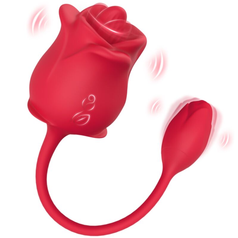 Close-up do ARMONY Estimulador de Sucção e Vibrador 2 em 1 Rosa, mostrando o design de rosa e a cauda vibratória.
