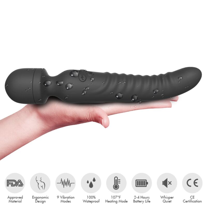 Close-up do ARMONY Vibrador Massageador com Aquecimento Preto, mostrando seu design ergonómico e material de silicone.
