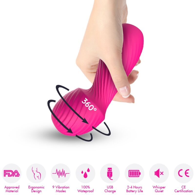 Close-up do vibrador massageador ARMONY Dazzle fúcsia, destacando seu design ergonômico e material de silicone.