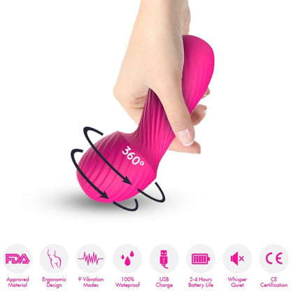 Close-up do vibrador massageador ARMONY Dazzle fúcsia, destacando seu design ergonômico e material de silicone.