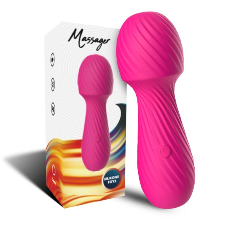 Close-up do vibrador massageador ARMONY Dazzle fúcsia, destacando seu design ergonômico e material de silicone.