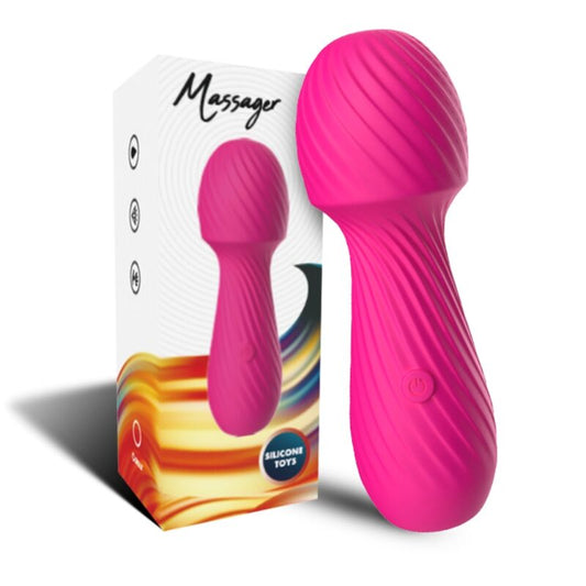Close-up do vibrador massageador ARMONY Dazzle fúcsia, destacando seu design ergonômico e material de silicone.