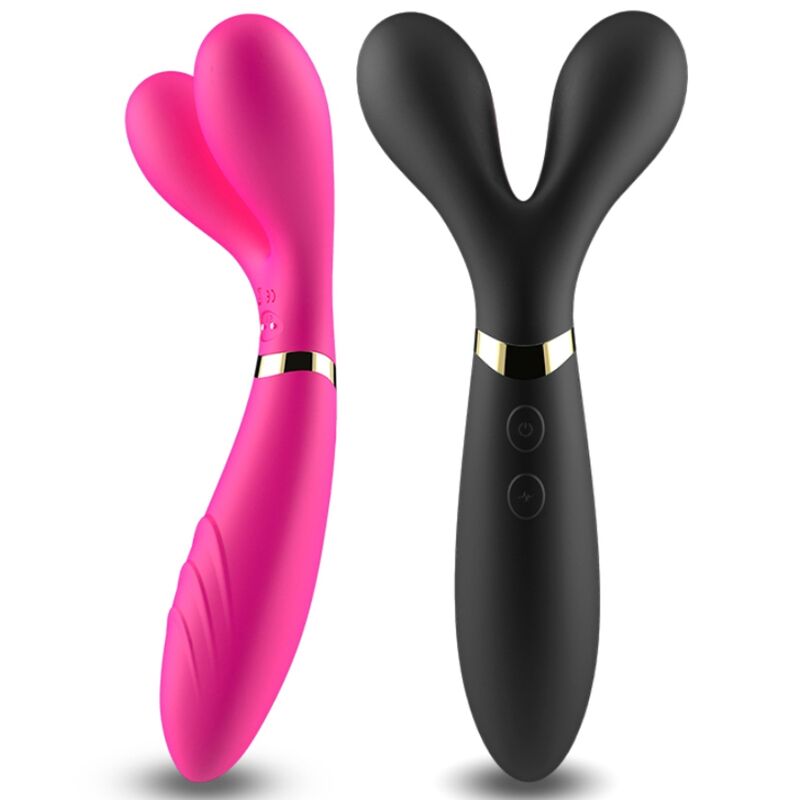 Close-up do Massageador Y-Wand Vibrador ARMONY com Cabeça Dupla em Preto, mostrando seu design ergonómico e material de silicone.