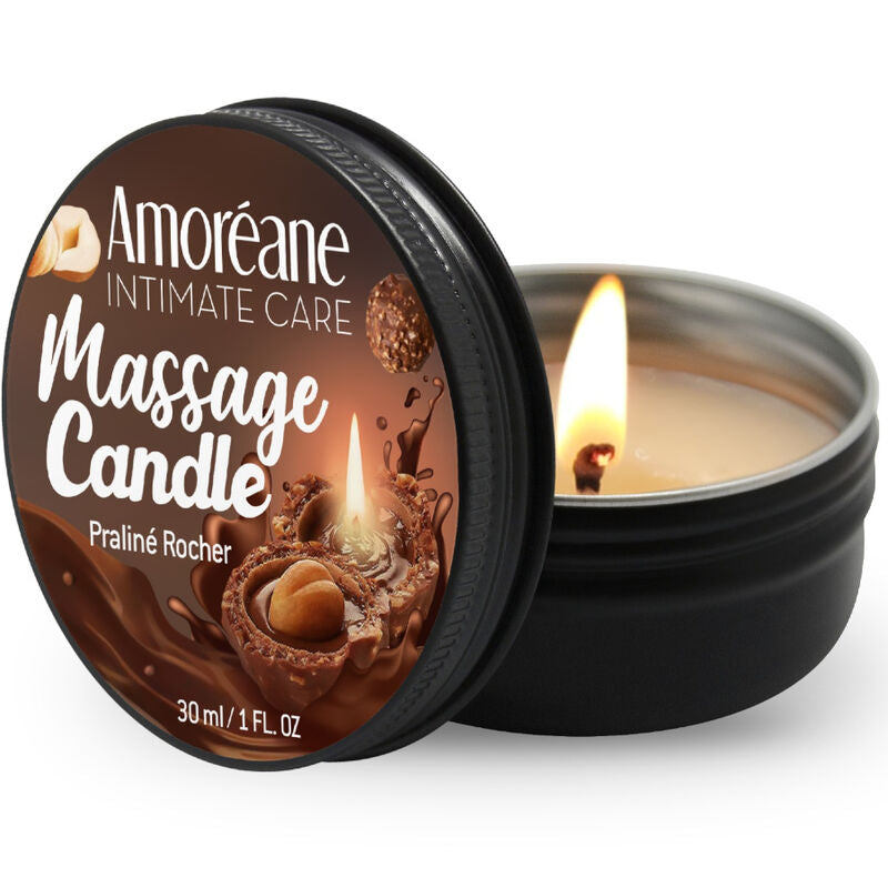 Vela de massagem AMOREANE Rocher Praliné 30ml, ideal para momentos sensoriais e hidratação da pele.