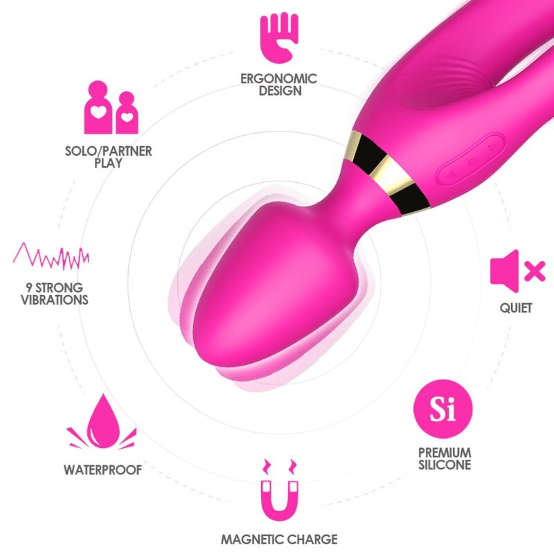 Close-up do ARMONY Vibrador Coelho Fúcsia, mostrando o design ergonómico para estimulação G e Clitóris.