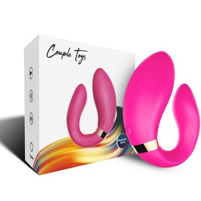 Close-up do vibrador ARMONY Crescente para Casais Fúcsia com Controle Remoto, mostrando o design ergonómico e a cor vibrante.